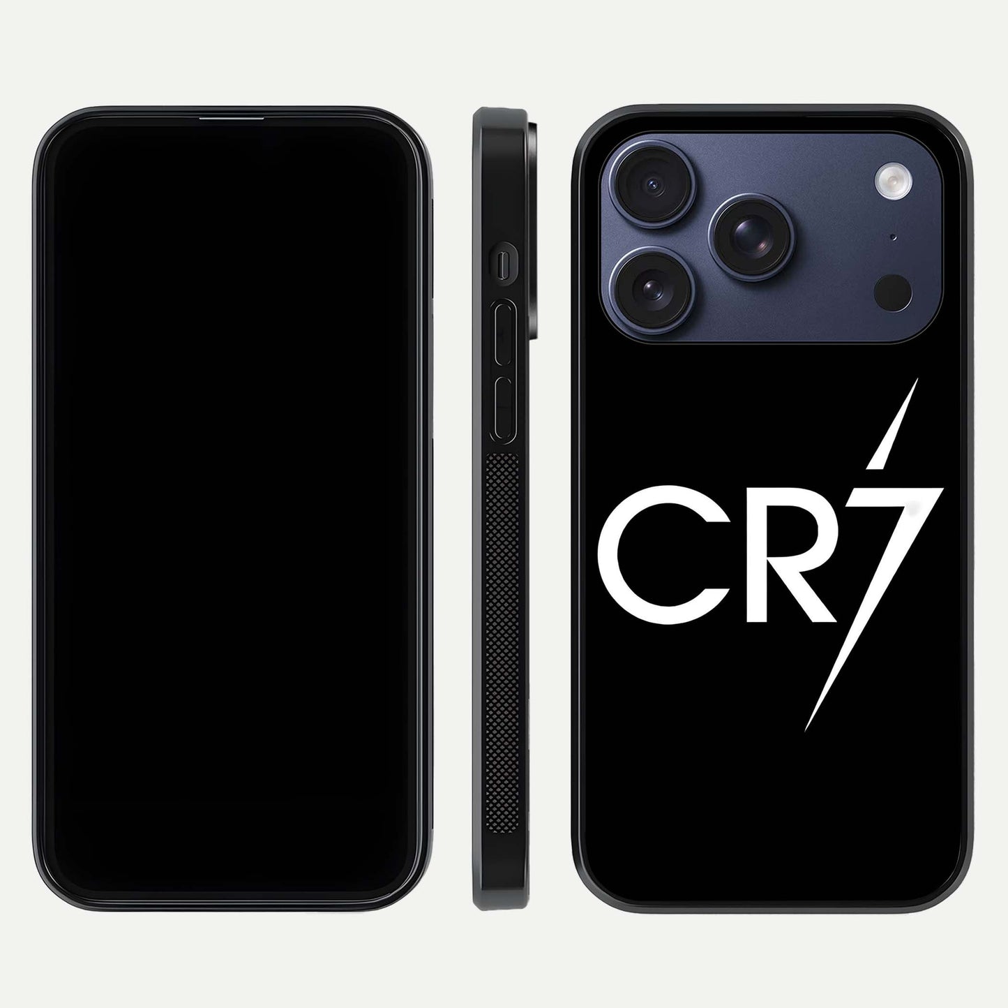 CR7 Elite Strike Glass Case for iPhone 17 Pro dual-view layout showing sport tones and edge clarity