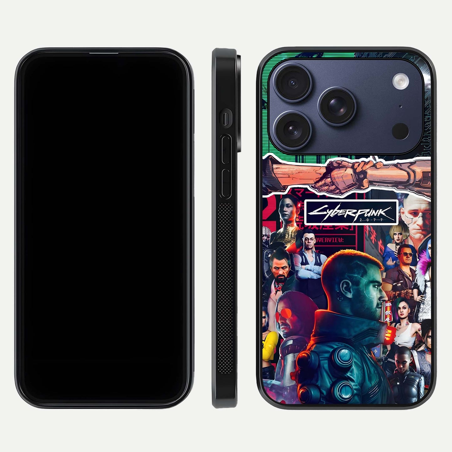 CYBERPUNK Legacy Glass Case for iPhone 17 Pro dual-view layout showing cyberpunk hues and glass precision