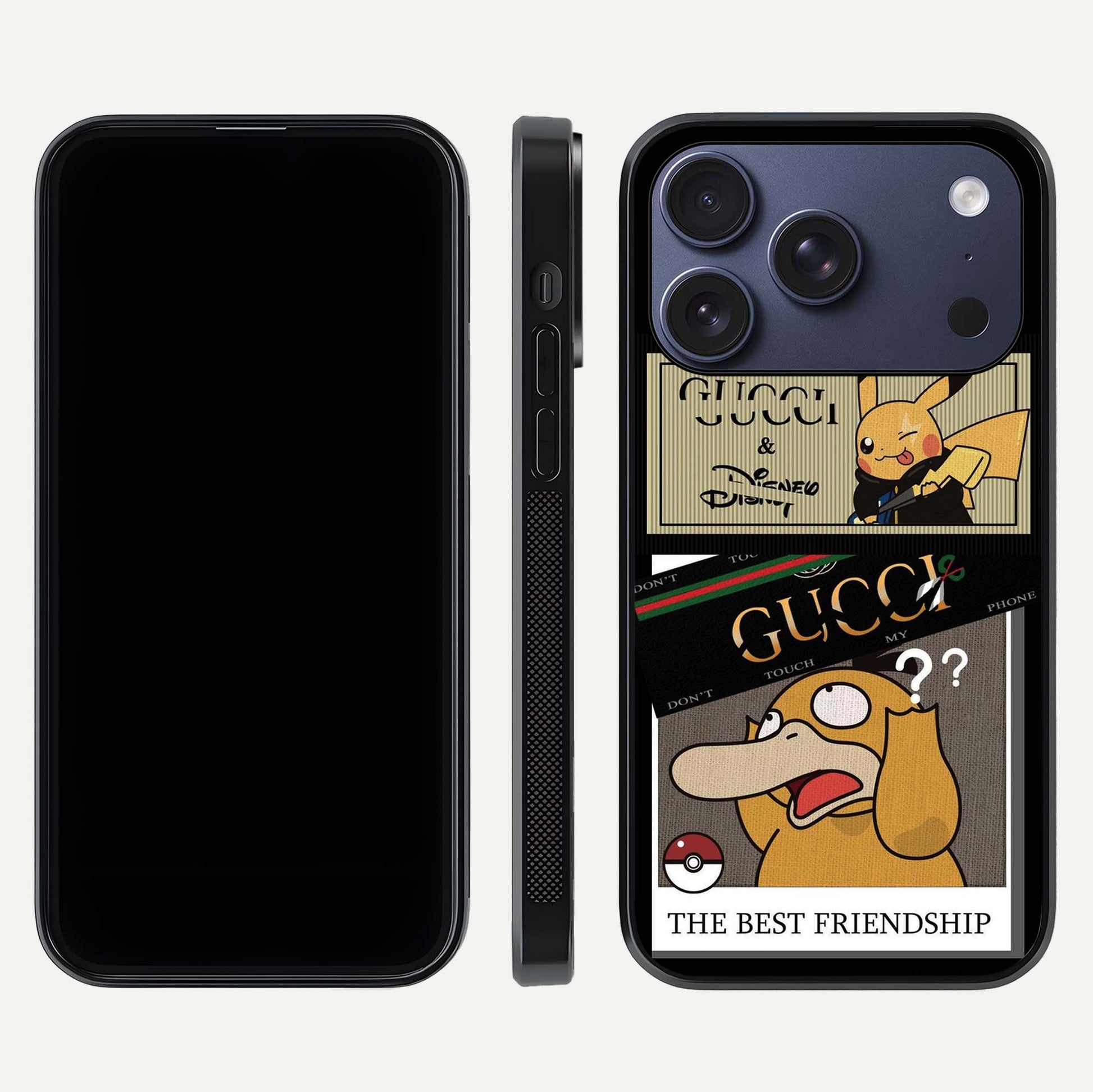 Cartoon Brand Play Mashup Glass Case for iPhone 17 Pro front and back view layout highlighting multi-logo artwork and curved edges