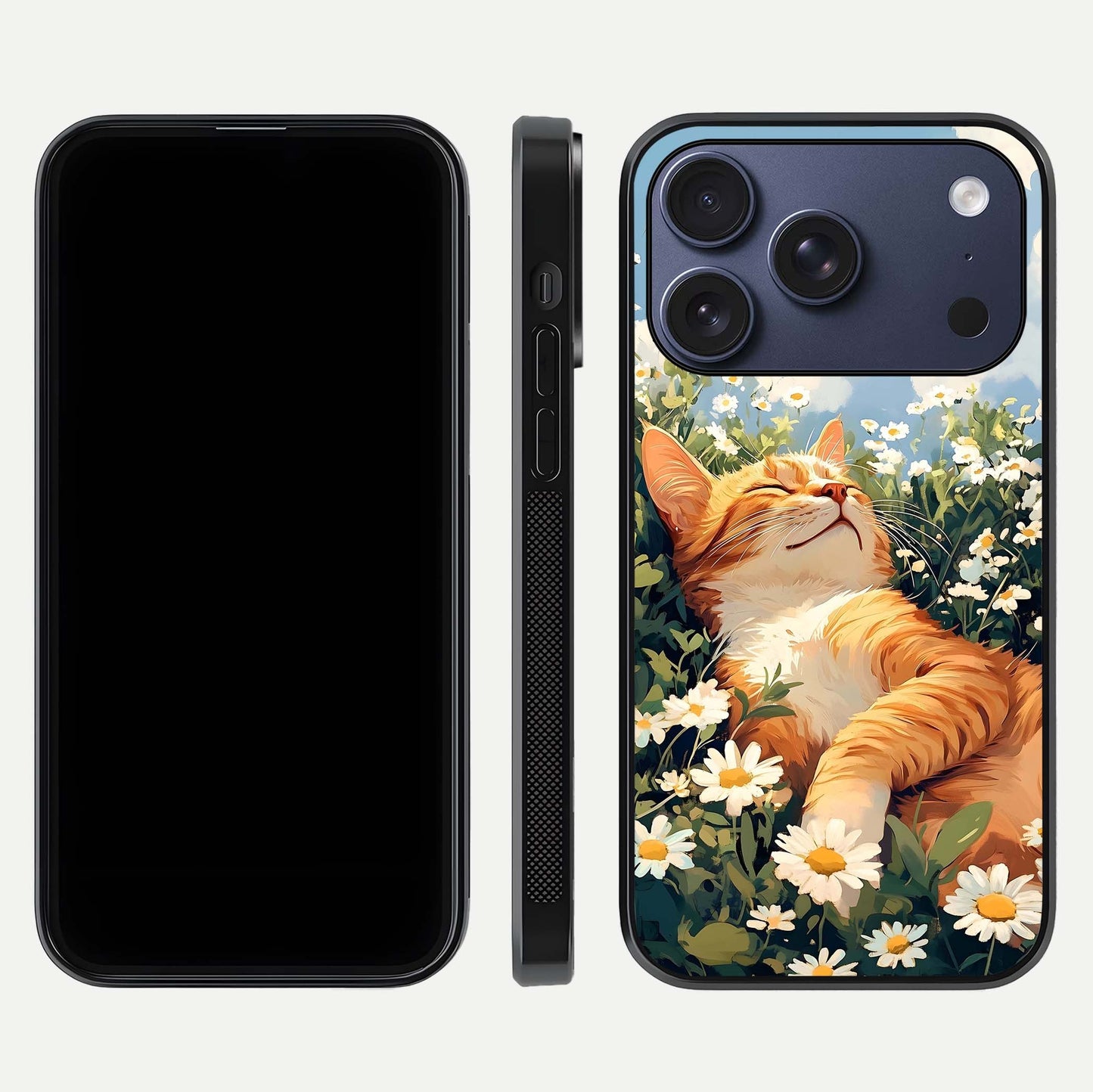 Cat & Flowers View Glass Case for iPhone 17 Pro front-and-back layout showing floral balance and gloss surface