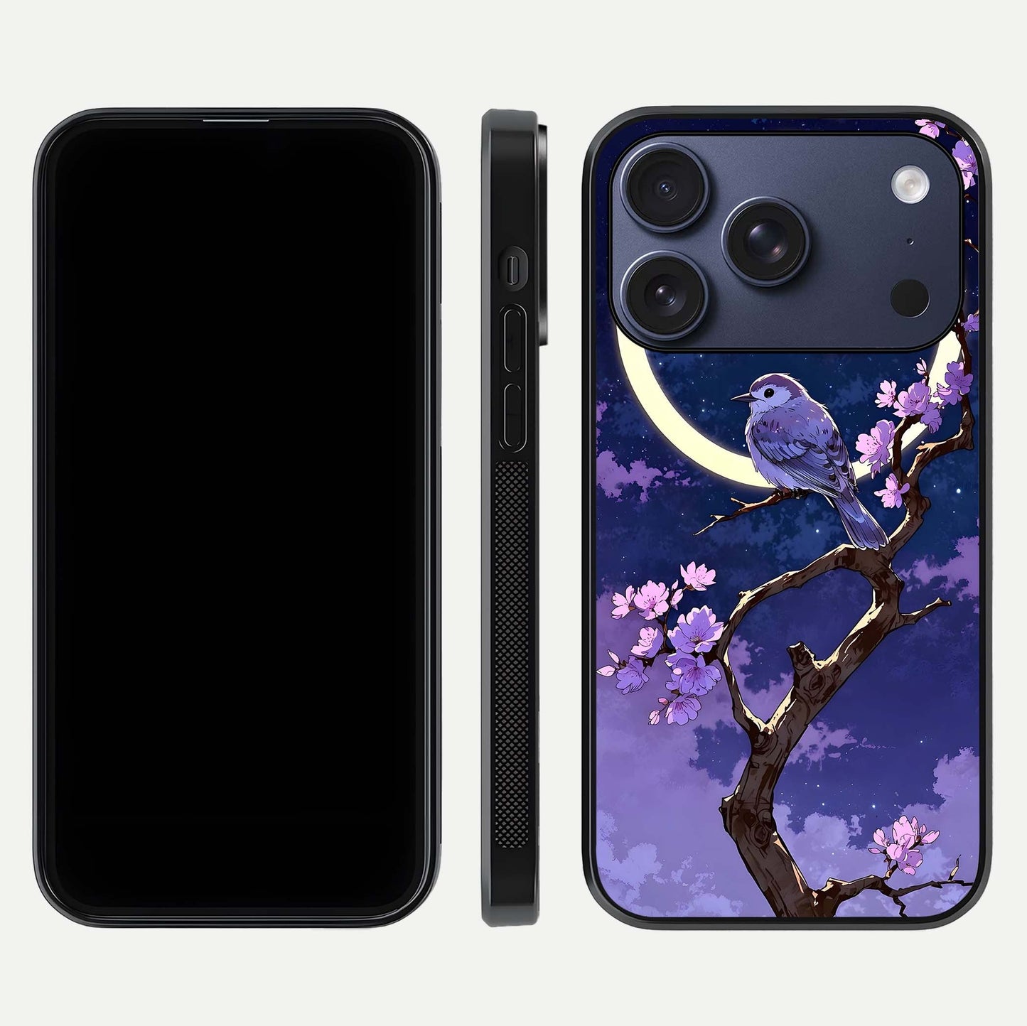 Celestial Bird Blossom Glass Case for iPhone 17 Pro dual-view layout showing art composition and edge clarity