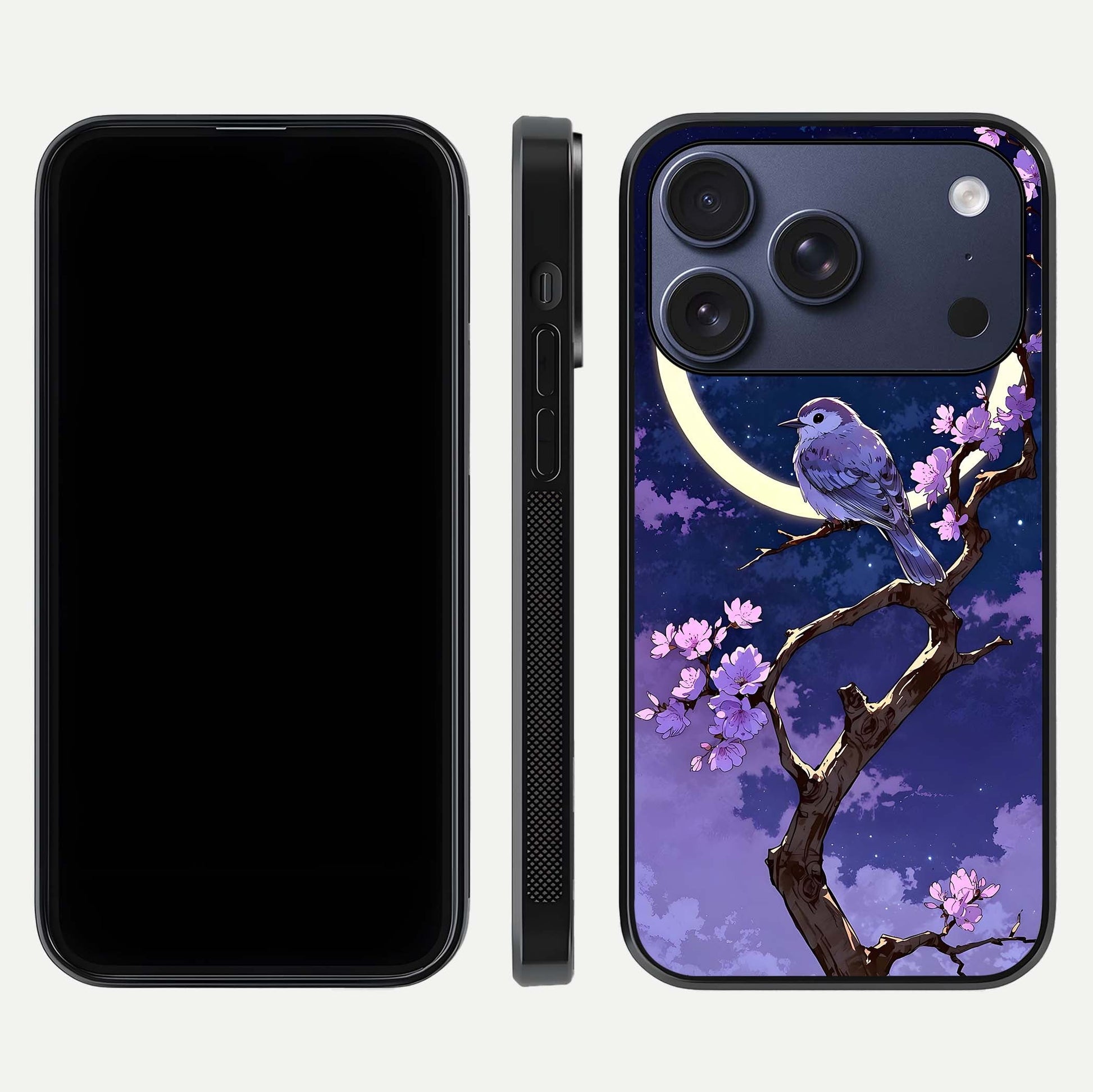 Celestial Bird Blossom Glass Case for iPhone 17 Pro dual-view layout showing art composition and edge clarity