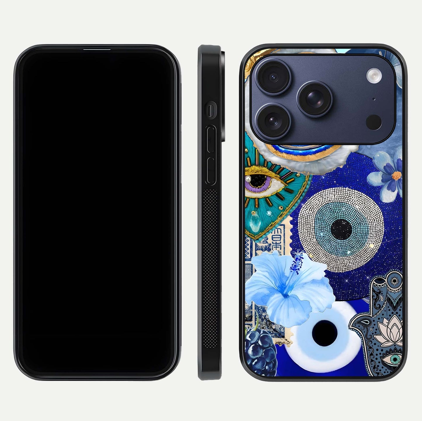 Celestial Blue Vision Glass Case for iPhone 17 Pro dual-view layout showing celestial gradient and curved edges