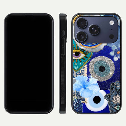 Celestial Blue Vision Glass Case for iPhone 17 Pro dual-view layout showing celestial gradient and curved edges
