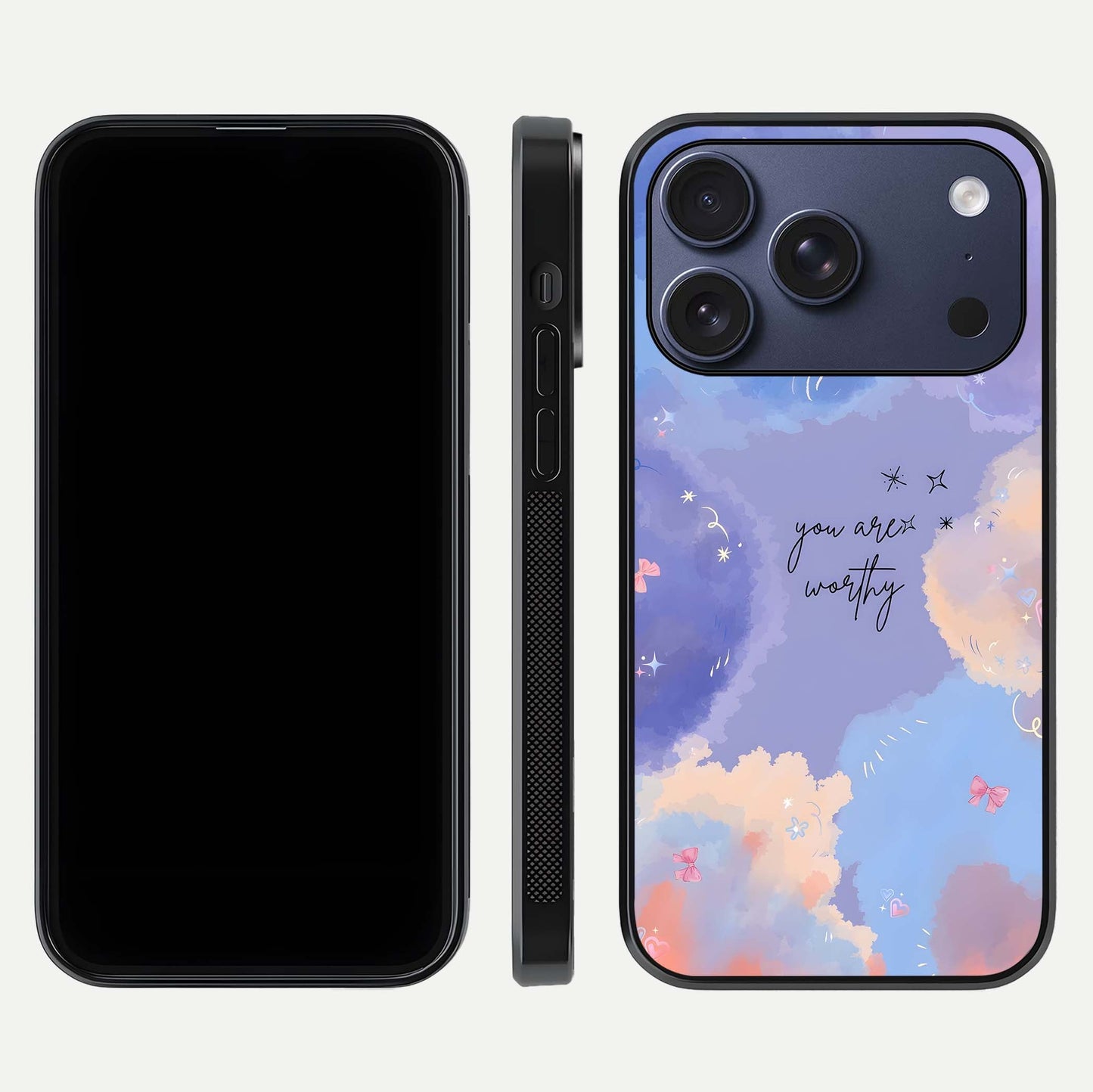 Celestial Cloud Magic Glass Case for iPhone 17 Pro dual-view layout showcasing soft color transition and gloss shine