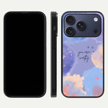 Celestial Cloud Magic Glass Case for iPhone 17 Pro dual-view layout showcasing soft color transition and gloss shine