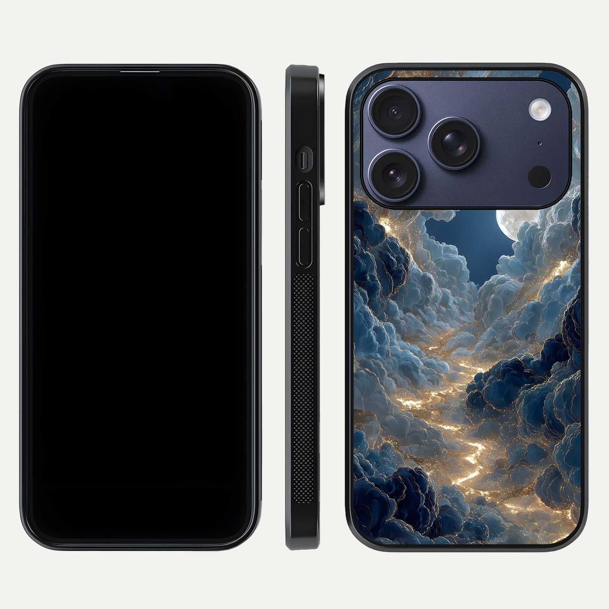 Celestial Cloud Road Glass Case for iPhone 17 Pro front-and-back layout displaying balance between light and depth