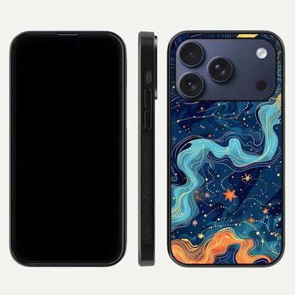 Celestial Dream Flow Glass Case for iPhone 17 Pro dual-view layout showing abstract flow and curved glass