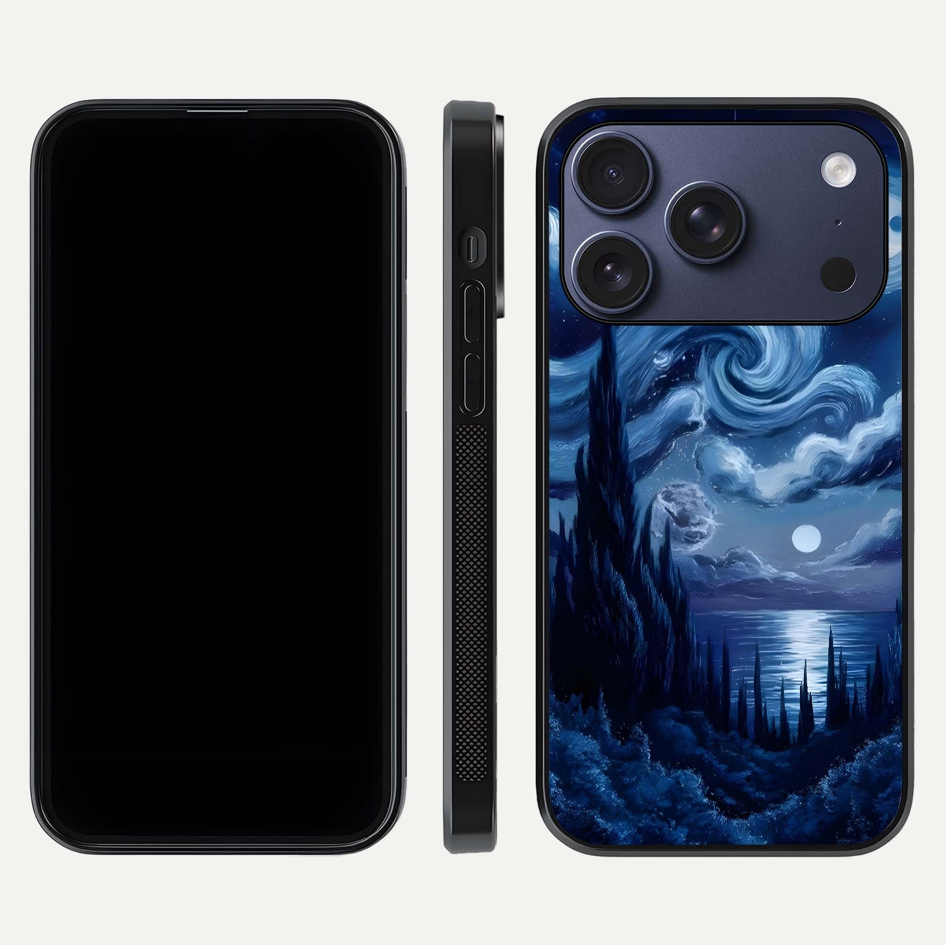 Celestial Dream Van Gogh Glass Case for iPhone 17 Pro dual-view layout displaying art texture and glass polish