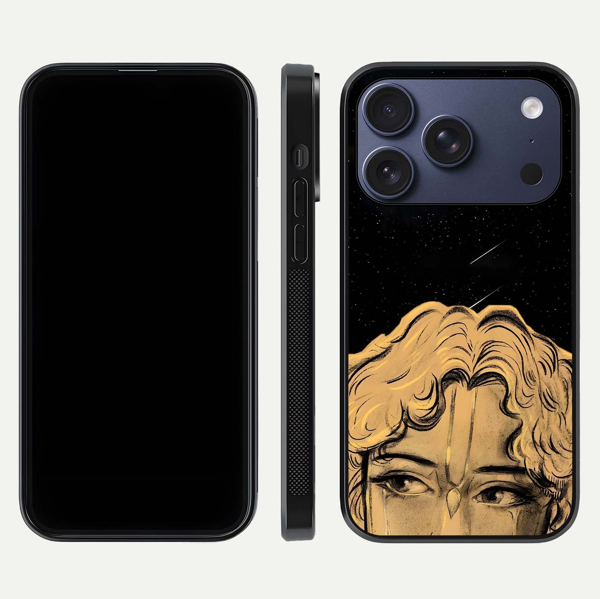 Celestial God’s Plan Glass Case for iPhone 17 Pro front & back layout showing smooth finish and spiritual art