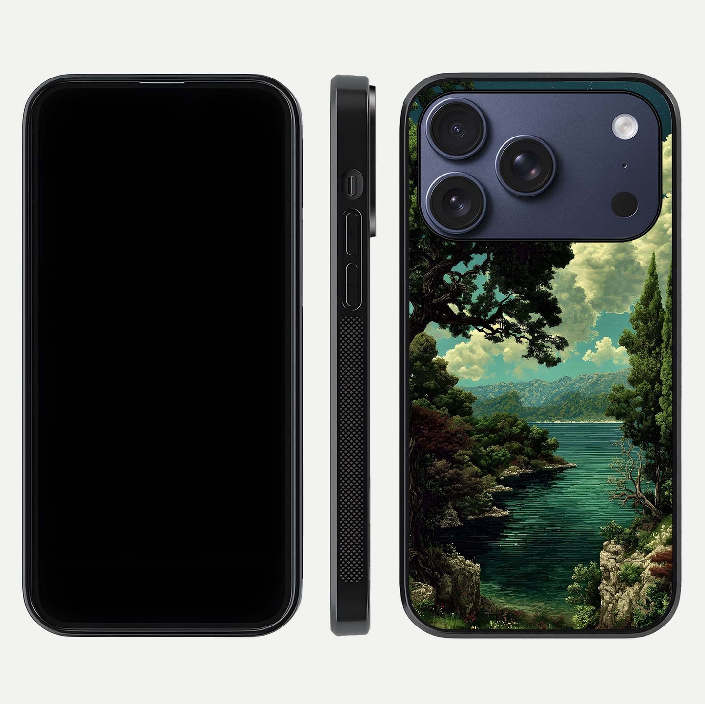 Celestial Lake Peace Glass Case for iPhone 17 Pro dual-view layout showing soft hues and HD shine