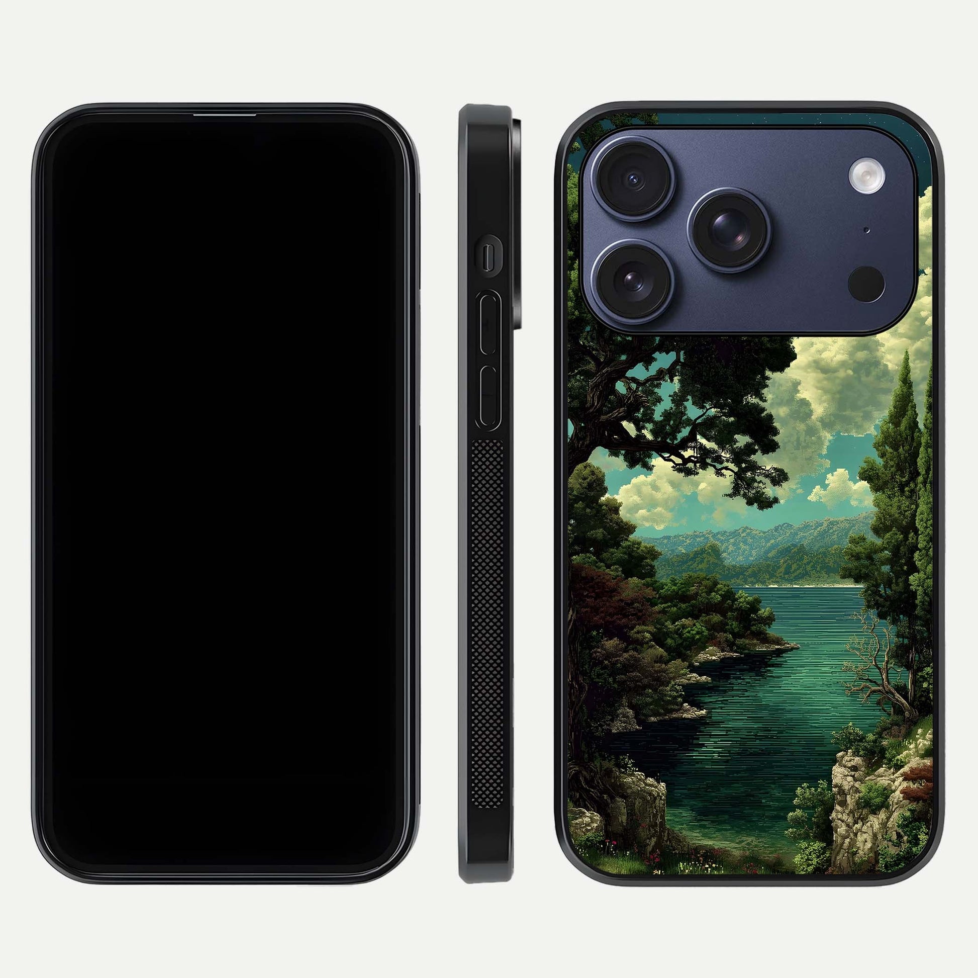 Celestial Lake Peace Glass Case for iPhone 17 Pro dual-view layout showing soft hues and HD shine