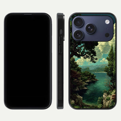 Celestial Lake Peace Glass Case for iPhone 17 Pro dual-view layout showing soft hues and HD shine