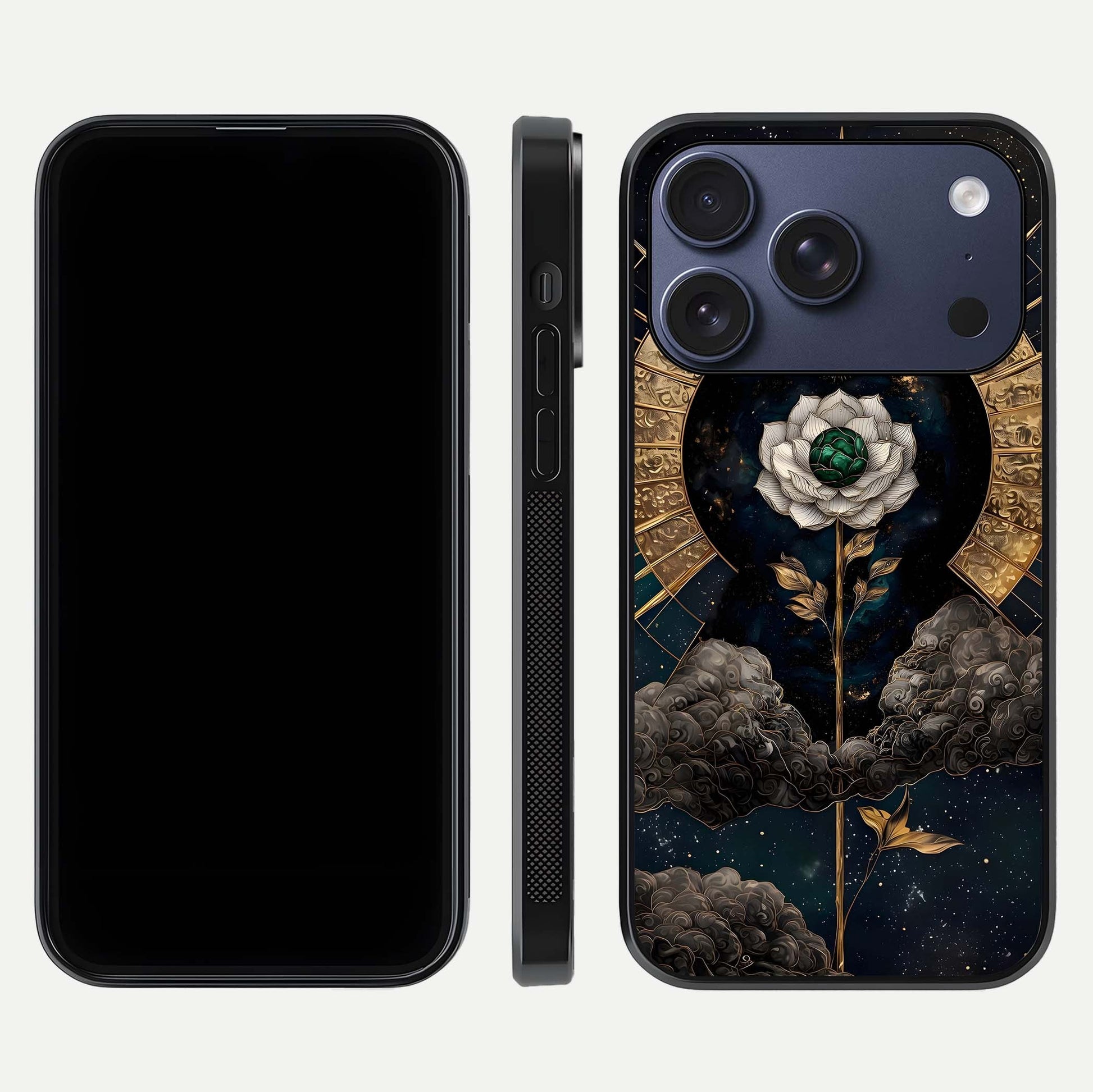 Celestial Lotus Morang Glass Case for iPhone 17 Pro dual-view layout displaying floral symmetry and polished edges