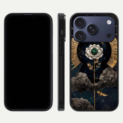 Celestial Lotus Morang Glass Case for iPhone 17 Pro dual-view layout displaying floral symmetry and polished edges