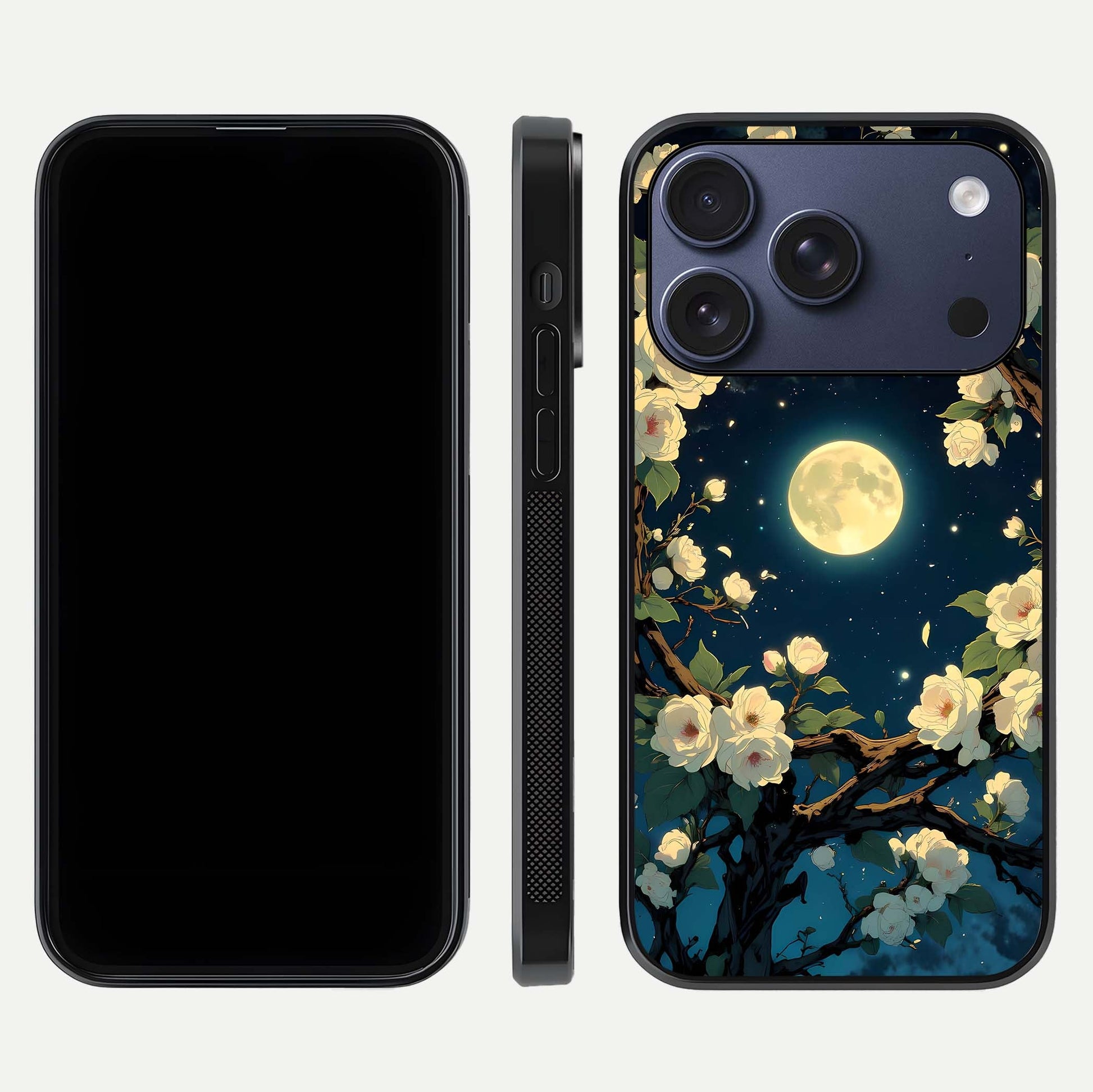 Celestial Moon & Flower Glass Case for iPhone 17 Pro dual-view layout showing balanced lunar art and gloss tone