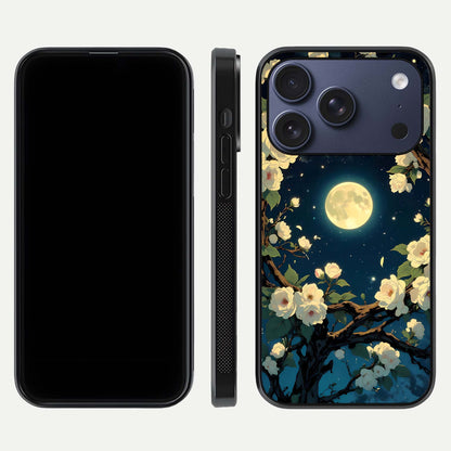 Celestial Moon & Flower Glass Case for iPhone 17 Pro dual-view layout showing balanced lunar art and gloss tone