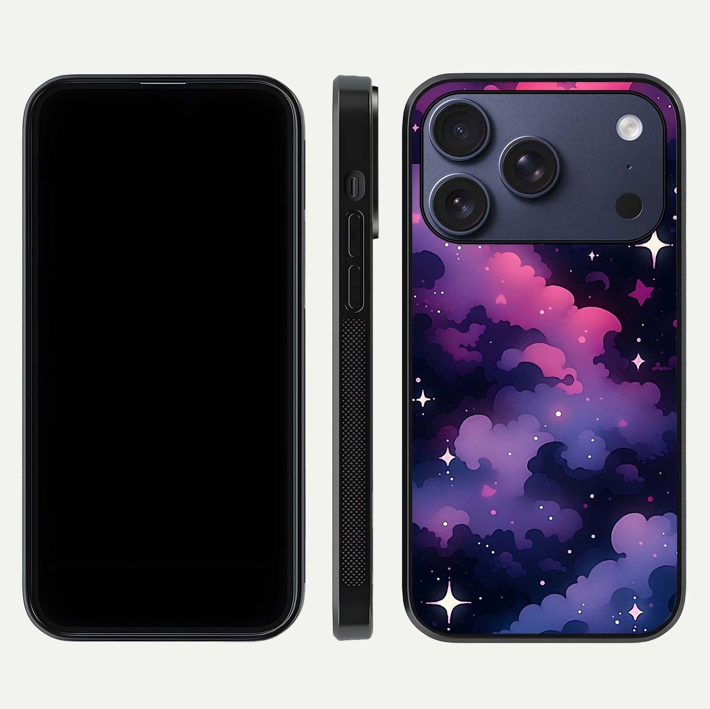 Celestial Moon Magic Glass Case for iPhone 17 Pro dual-view layout displaying lunar design and sleek edges