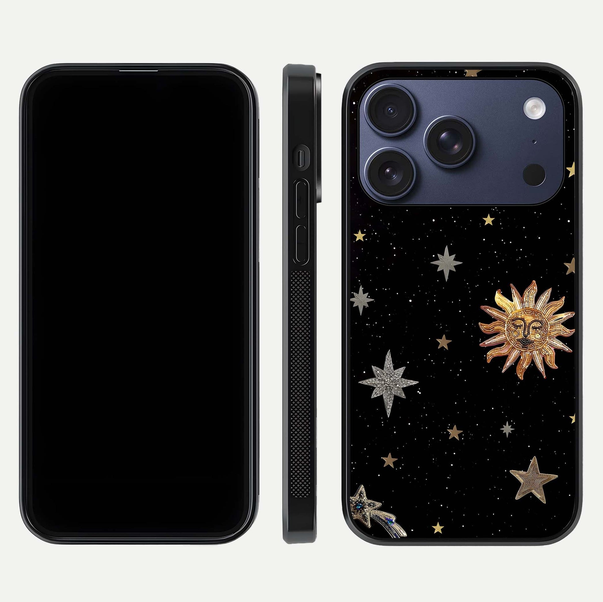 Celestial Moon With Stars Glass Case for iPhone 17 Pro front-and-back layout displaying lunar art and premium finish