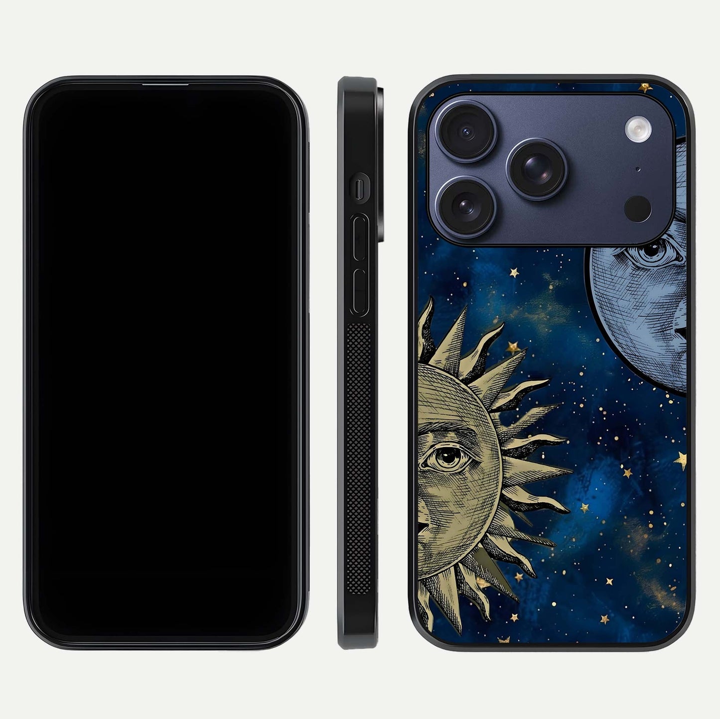 Celestial Moon With Sun Glass Case for iPhone 17 Pro dual-view layout showing luminous pattern and curved edges