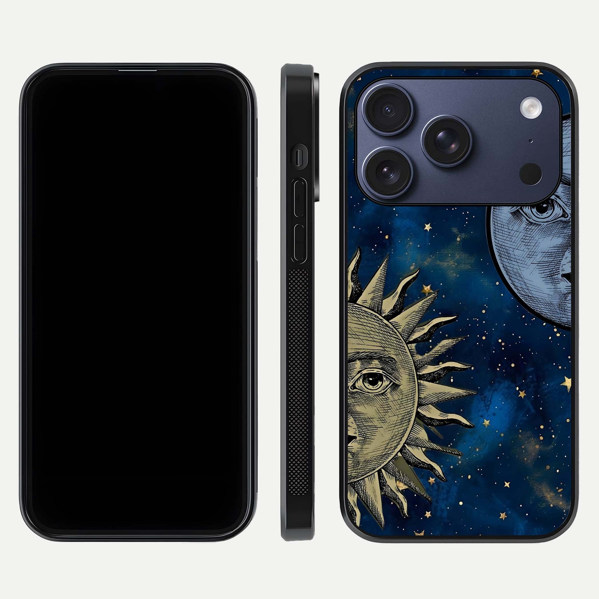 Celestial Moon With Sun Glass Case for iPhone 17 Pro dual-view layout showing luminous pattern and curved edges