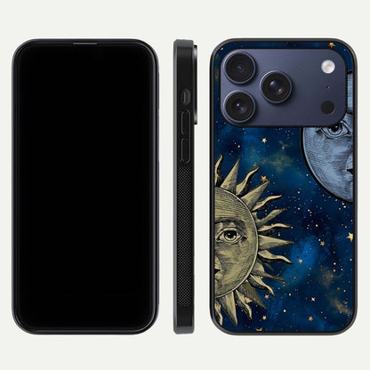 Celestial Moon With Sun Glass Case for iPhone 17 Pro dual-view layout showing luminous pattern and curved edges
