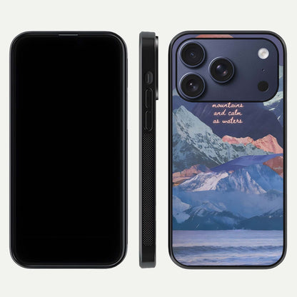 Celestial Mountain Calm Glass Case for iPhone 17 Pro dual-view layout displaying scenic tones and curved finish
