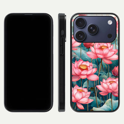 Celestial Pink Lotus Glass Case for iPhone 17 Pro dual-view layout showing floral center and smooth edges