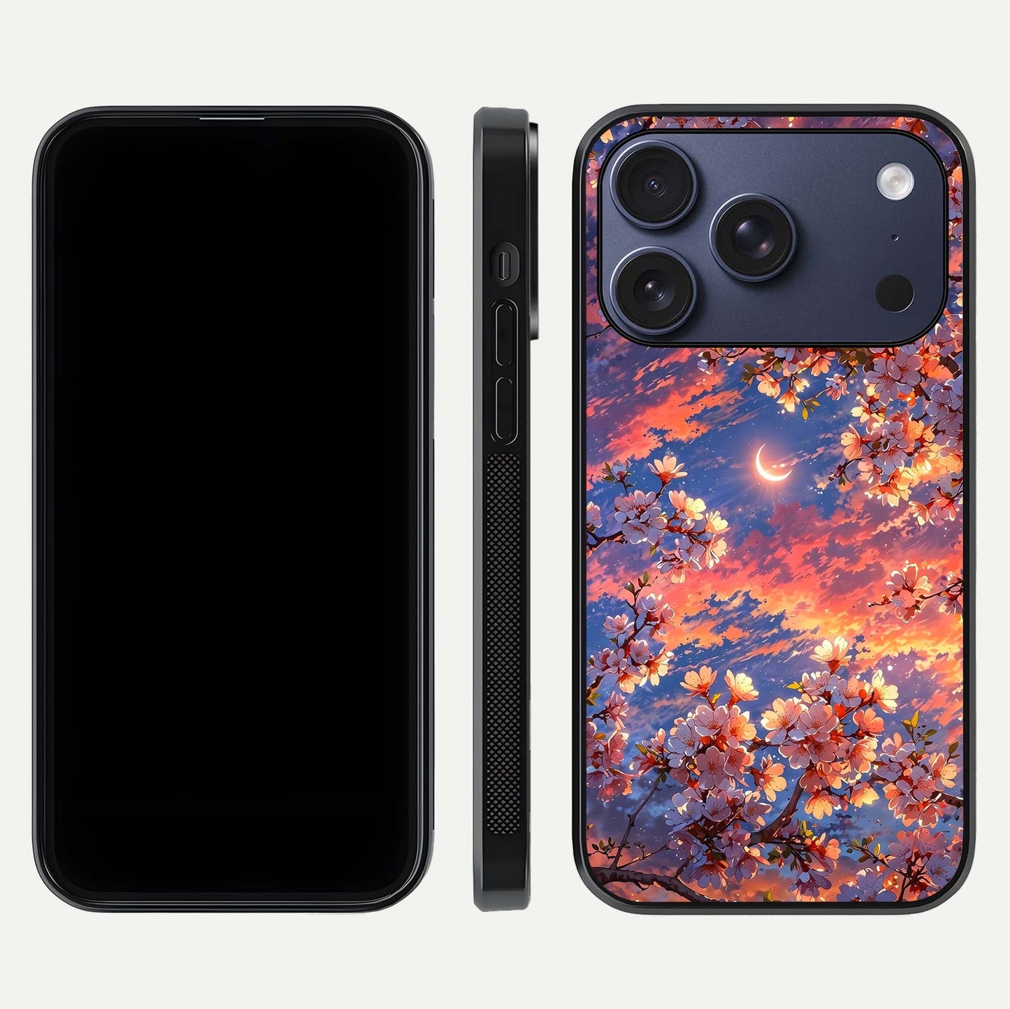 Celestial Sakura Sunset Glass Case for iPhone 17 Pro dual-view layout showing floral gradient and reflection polish