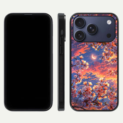Celestial Sakura Sunset Glass Case for iPhone 17 Pro dual-view layout showing floral gradient and reflection polish