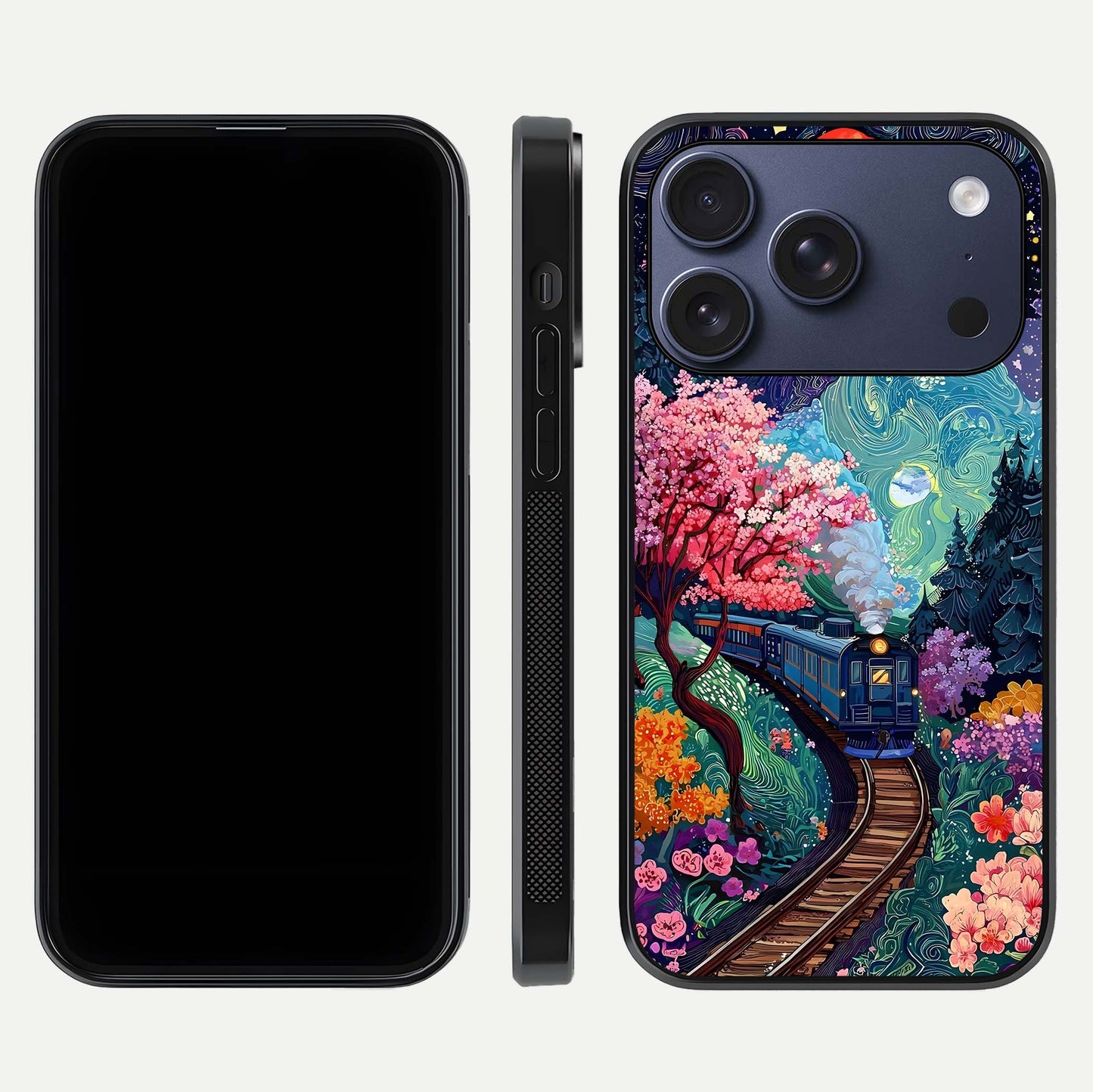 Celestial Train Journey Glass Case for iPhone 17 Pro dual-view layout showing cosmic art balance and curved glass edges