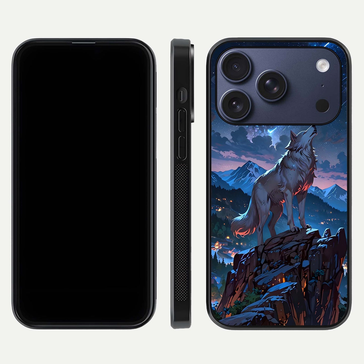 Celestial Wolf Howl Glass Case for iPhone 17 Pro dual-view layout displaying night tones and protective glass edges