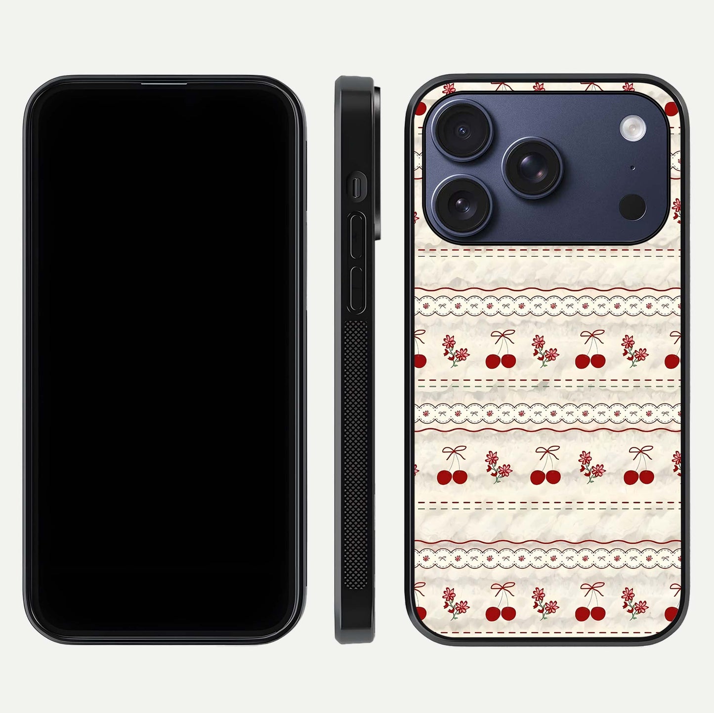 Cherry Bloom Charm Glass Case for iPhone 17 Pro front-and-back layout displaying floral art and smooth finish