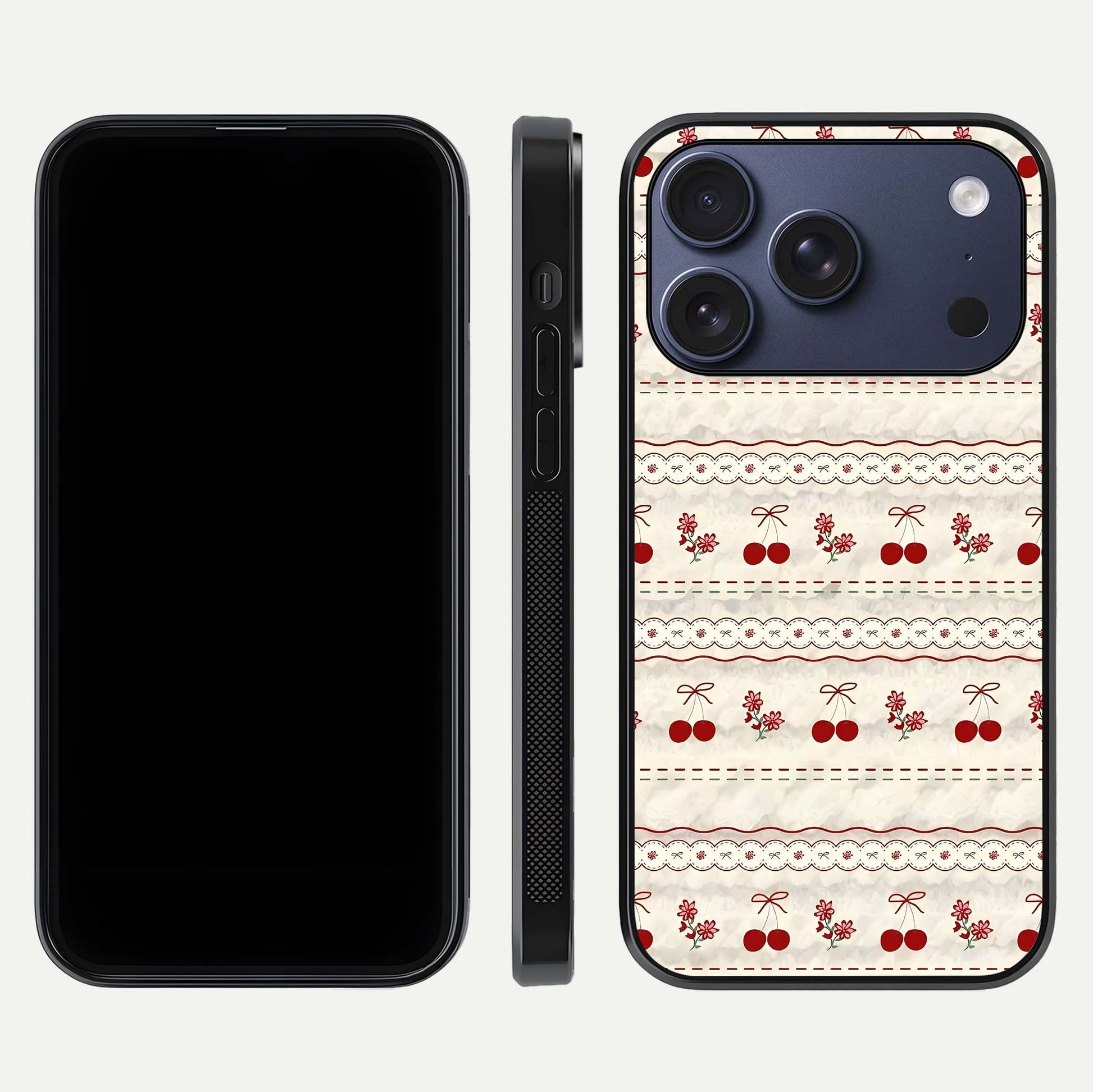 Cherry Bloom Charm Glass Case for iPhone 17 Pro front-and-back layout displaying floral art and smooth finish