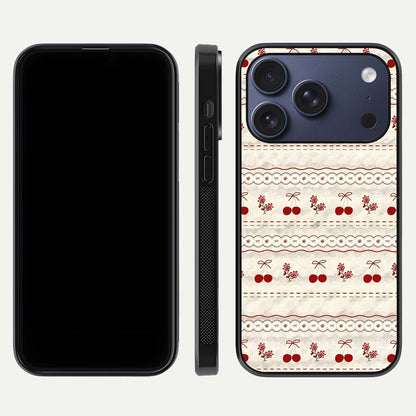 Cherry Bloom Charm Glass Case for iPhone 17 Pro front-and-back layout displaying floral art and smooth finish