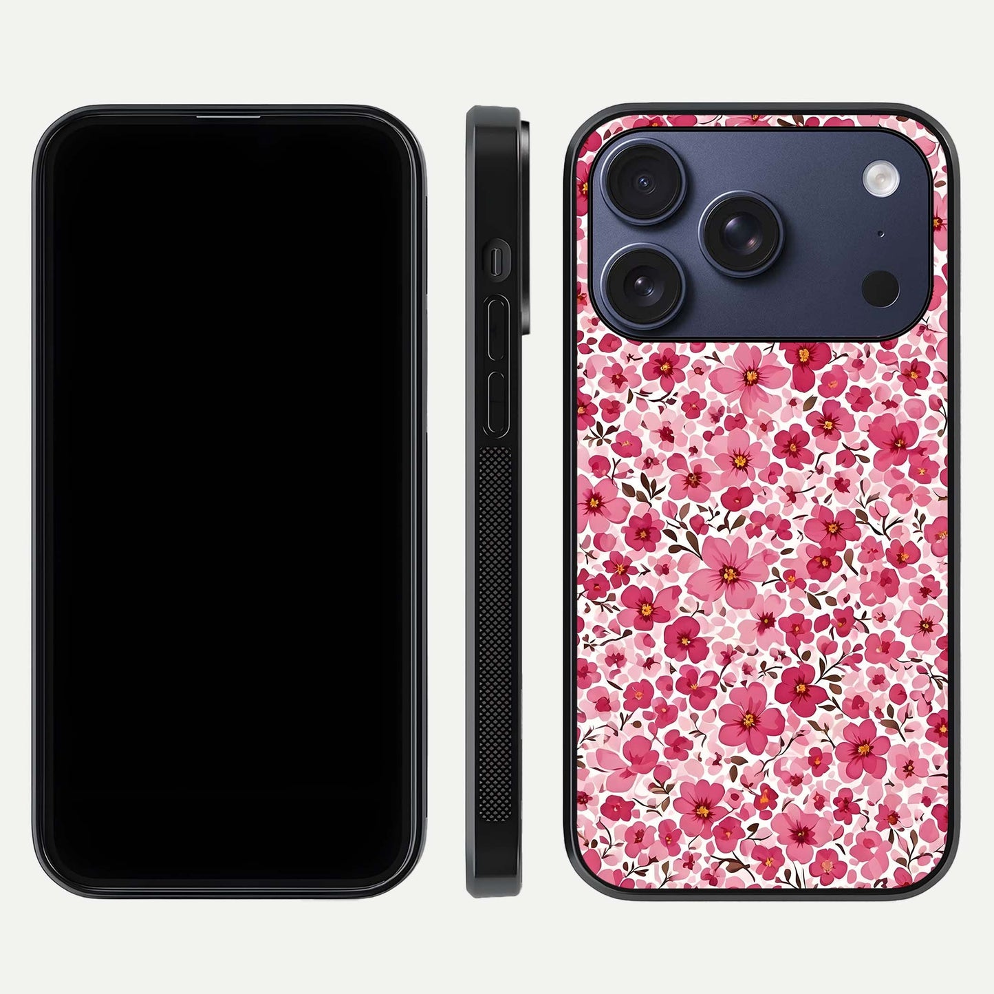 Cherry Blossom Charm Glass Case for iPhone 17 Pro dual-view layout showing elegant floral balance and HD gloss
