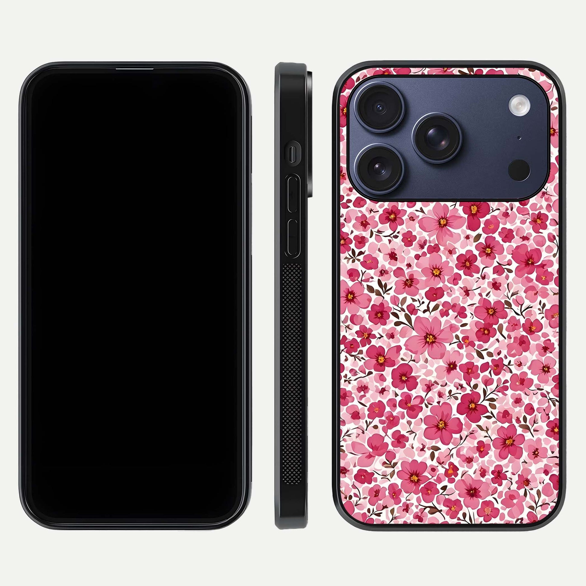 Cherry Blossom Charm Glass Case for iPhone 17 Pro dual-view layout showing elegant floral balance and HD gloss