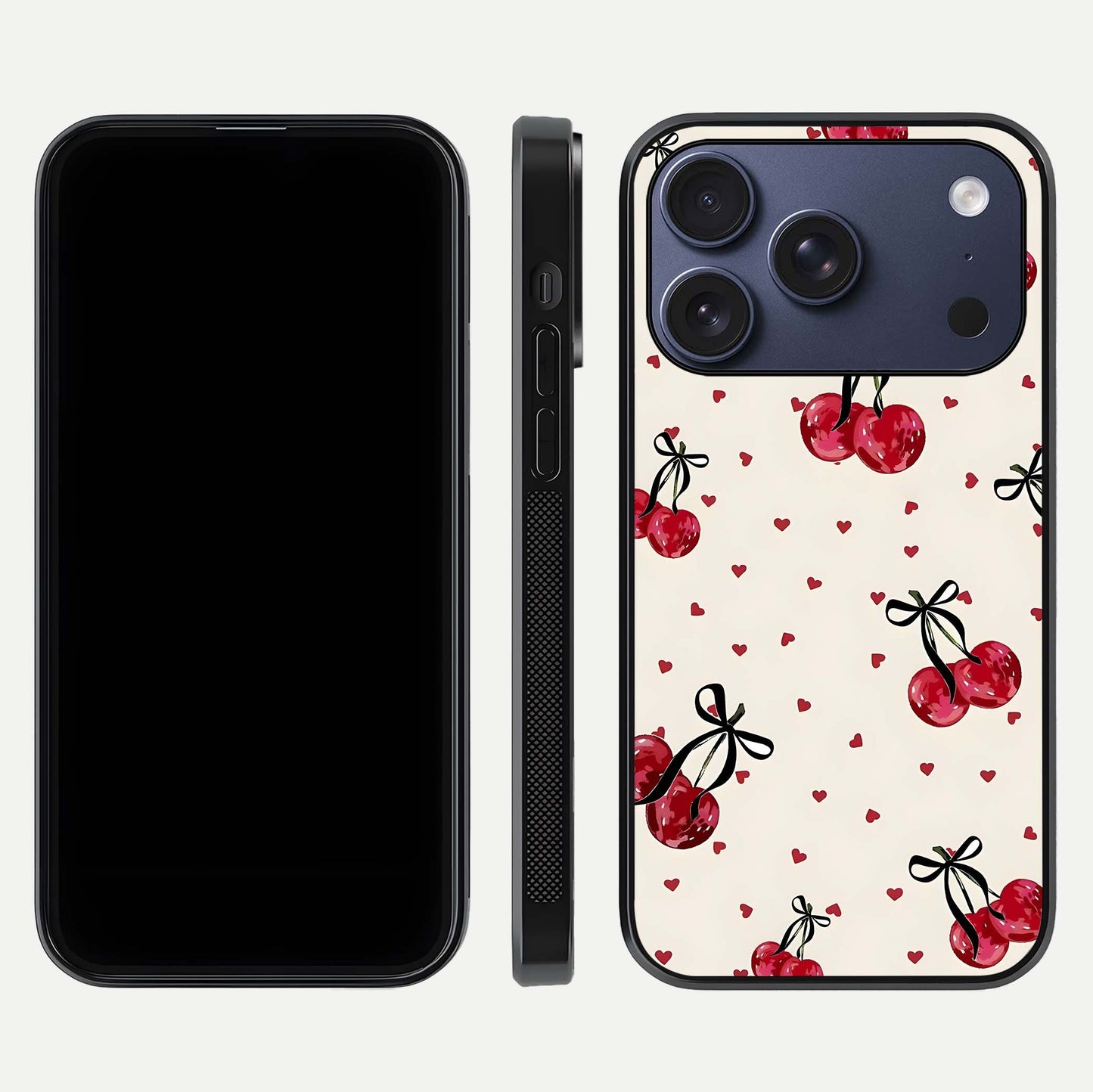 Cherry Heart Bow Glass Case for iPhone 17 Pro front-and-back view showing design clarity and edge protection