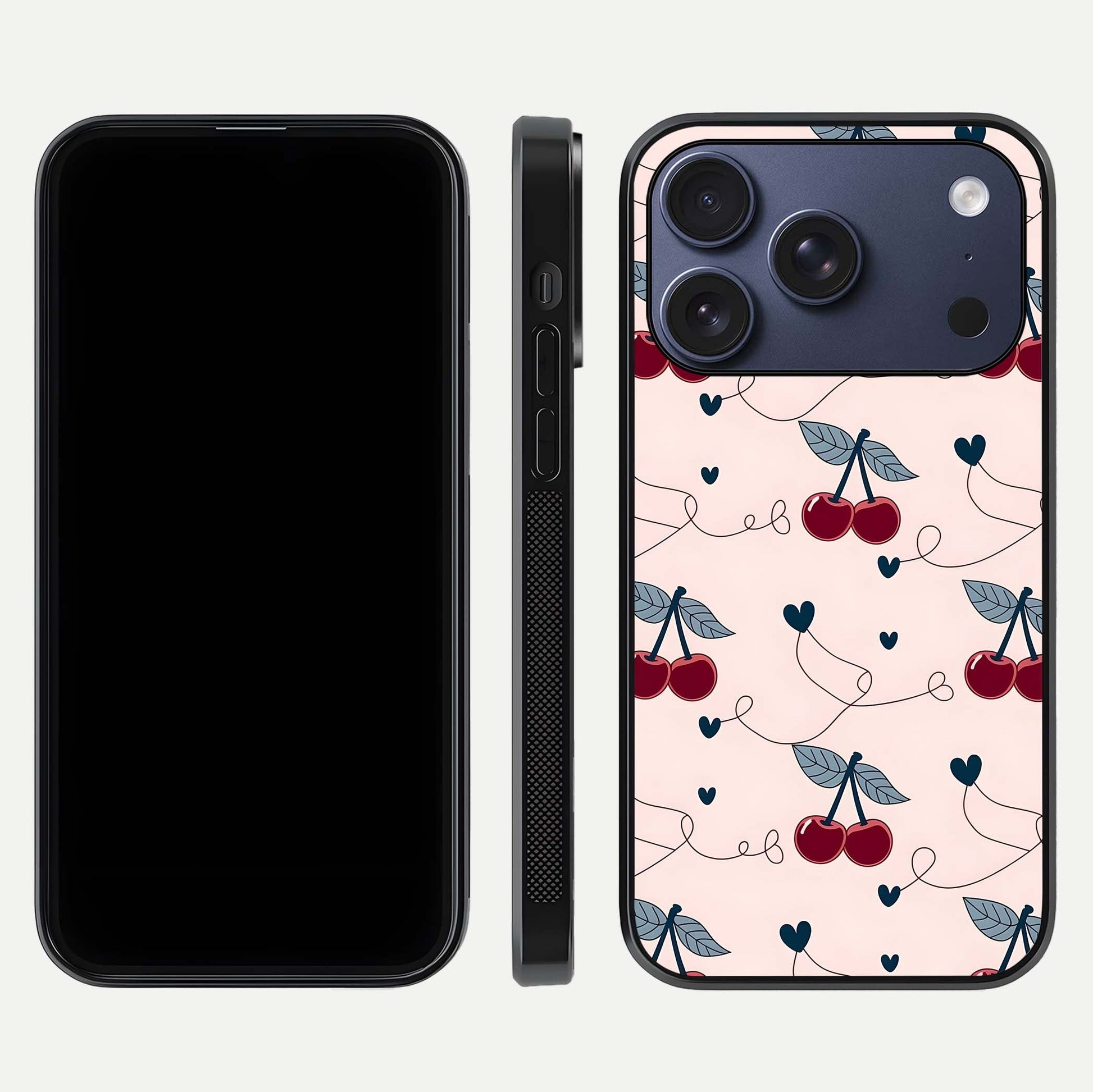 Cherry Heart Line Glass Case for iPhone 17 Pro dual-view layout displaying minimal cherry motif and edge design