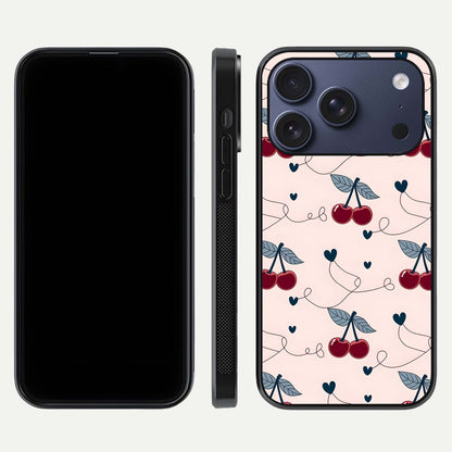 Cherry Heart Line Glass Case for iPhone 17 Pro dual-view layout displaying minimal cherry motif and edge design