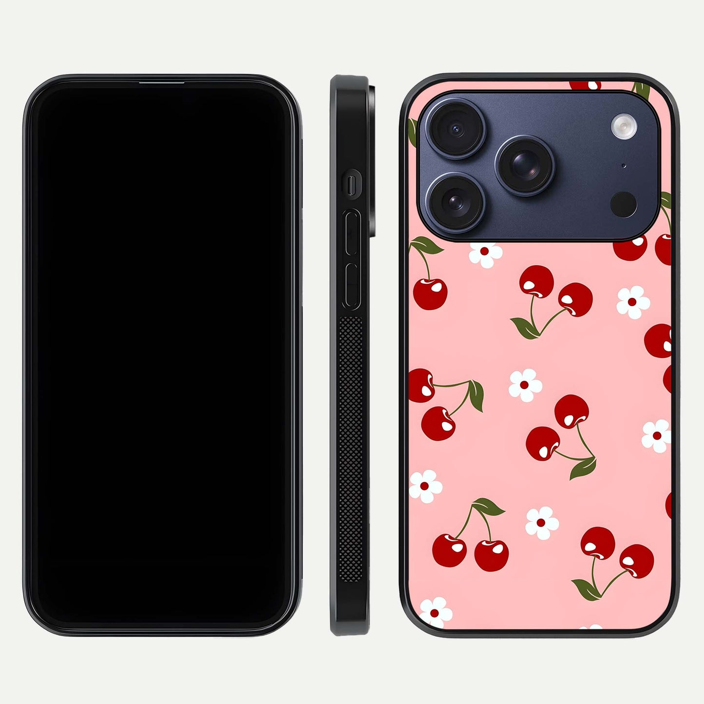 Cherry Love Mood Glass Case for iPhone 17 Pro dual-view layout showing design alignment and curved edges