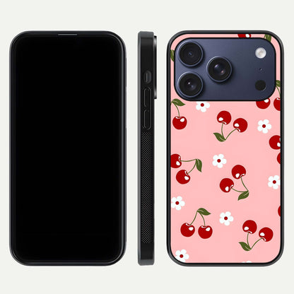 Cherry Love Mood Glass Case for iPhone 17 Pro dual-view layout showing design alignment and curved edges