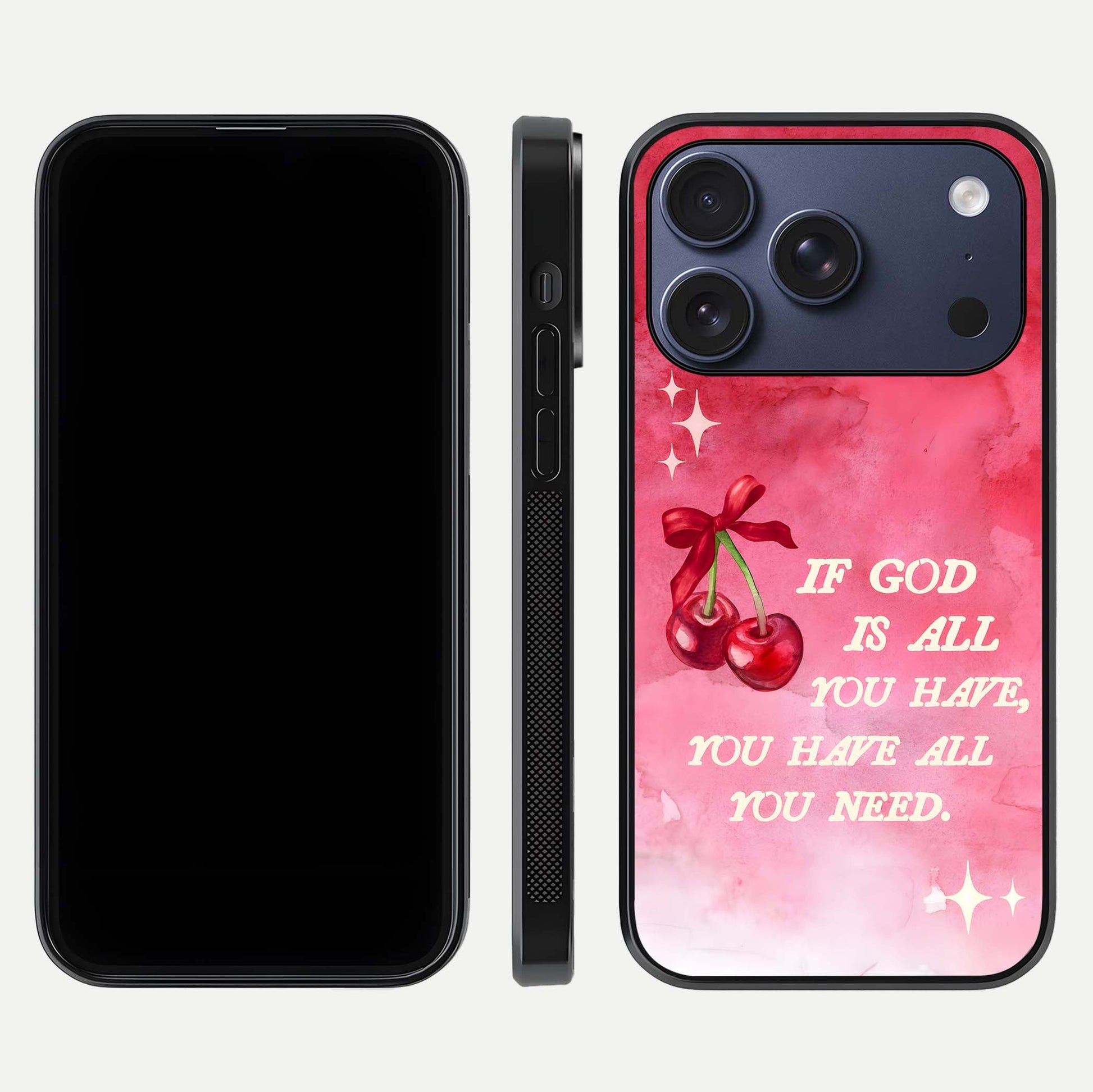 Cherry Quote Glass Case for iPhone 17 Pro dual-view layout showing red cherry tones and text balance