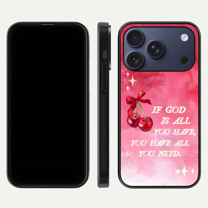 Cherry Quote Glass Case for iPhone 17 Pro dual-view layout showing red cherry tones and text balance