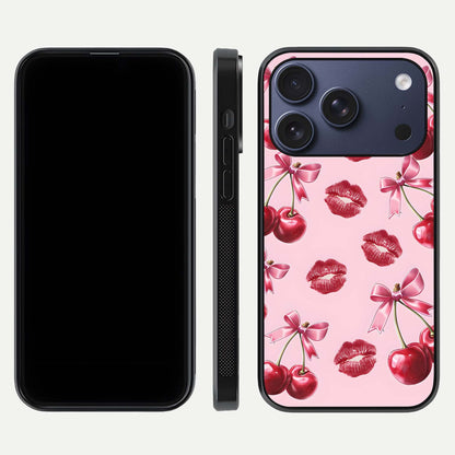 Cherry With Lips Glass Case for iPhone 17 Pro front-and-back layout displaying detailed design and glass finish
