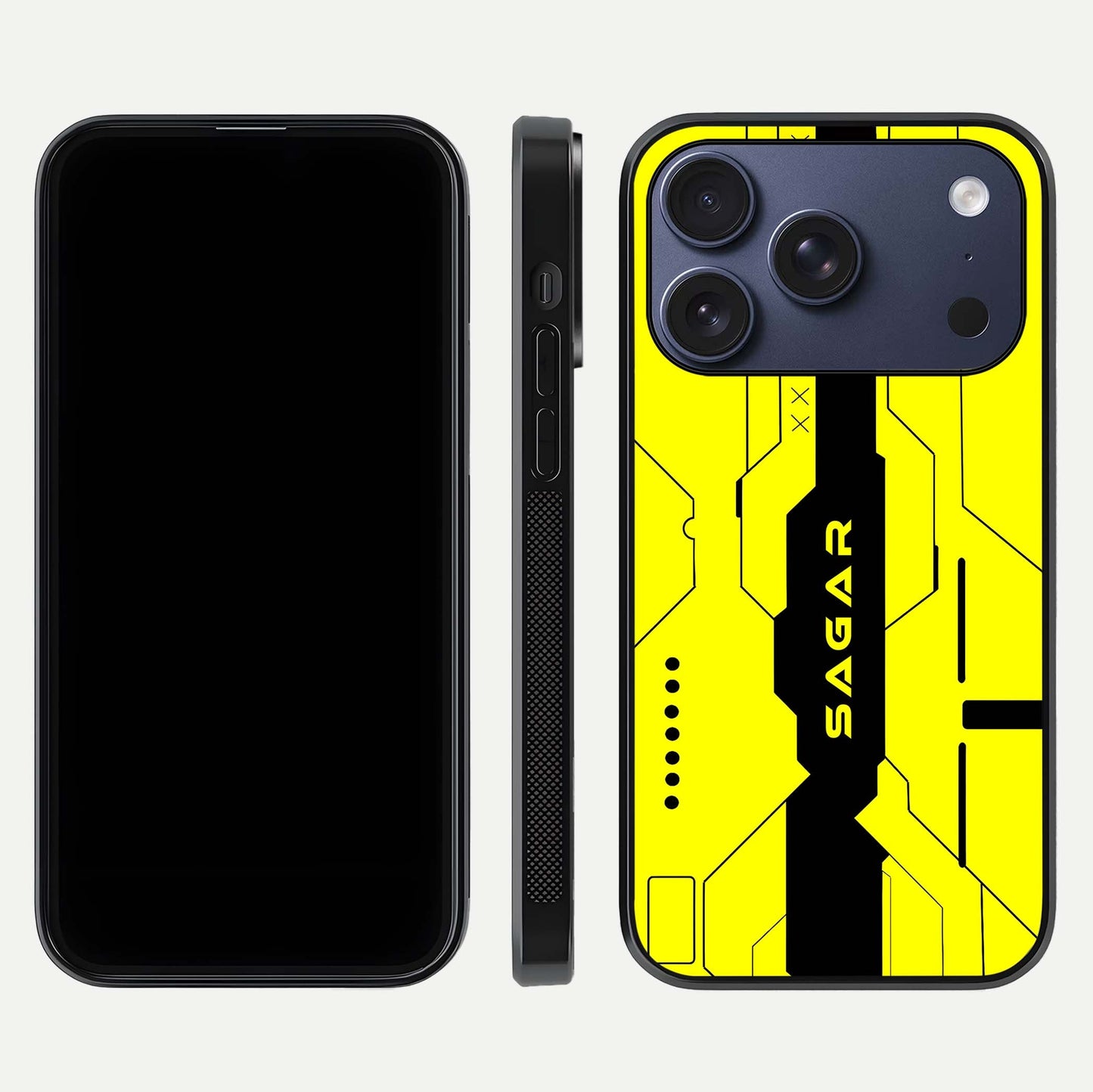 Circuit CYBERPUNK Custom Name Glass Case for iPhone 17 Pro dual-view layout showing bold tech art and edge clarity