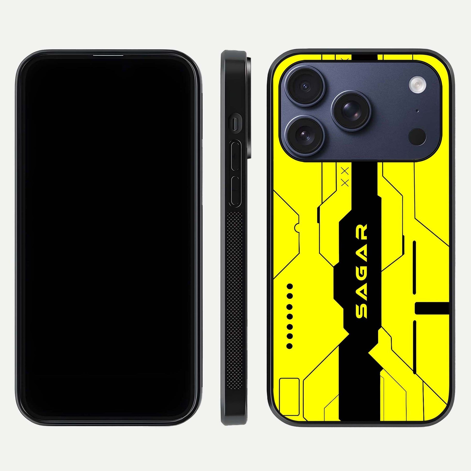 Circuit CYBERPUNK Custom Name Glass Case for iPhone 17 Pro dual-view layout showing bold tech art and edge clarity