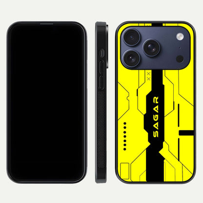 Circuit CYBERPUNK Custom Name Glass Case for iPhone 17 Pro dual-view layout showing bold tech art and edge clarity