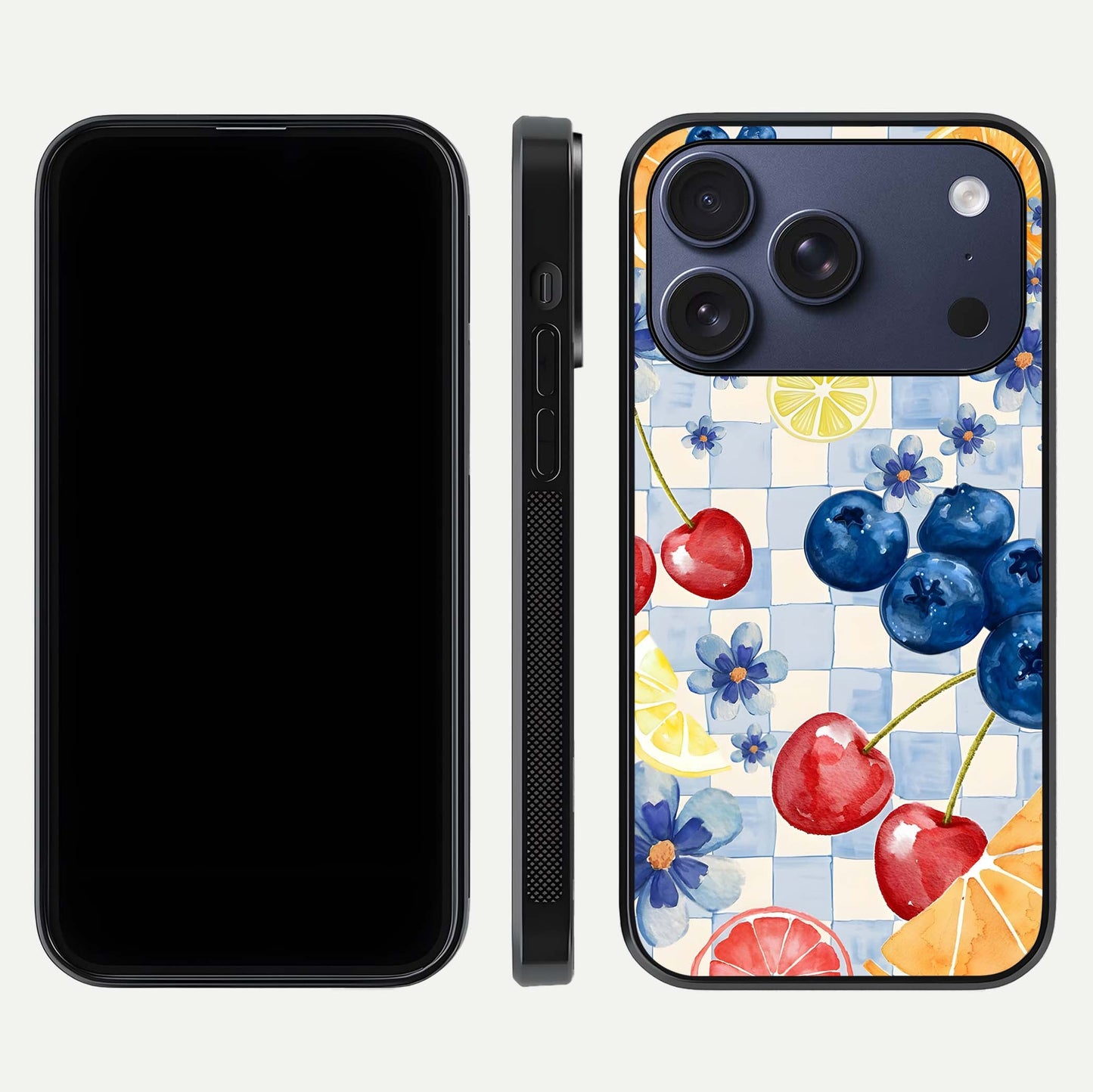 Citrus Bloom Joy Glass Case for iPhone 17 Pro dual-view layout displaying colorful print and smooth edges