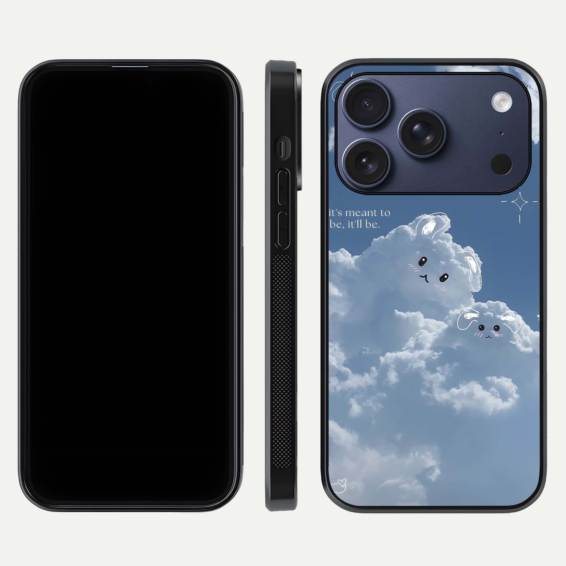 Cloud Bunny Dreams Glass Case for iPhone 17 Pro dual-view layout displaying aesthetic tones and smooth polish